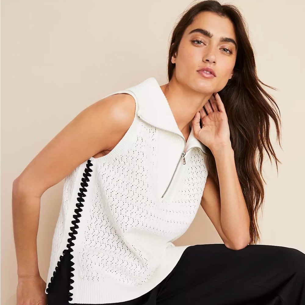 Lou & Grey Crochet Pointelle Half Zip Sweater Tank Top